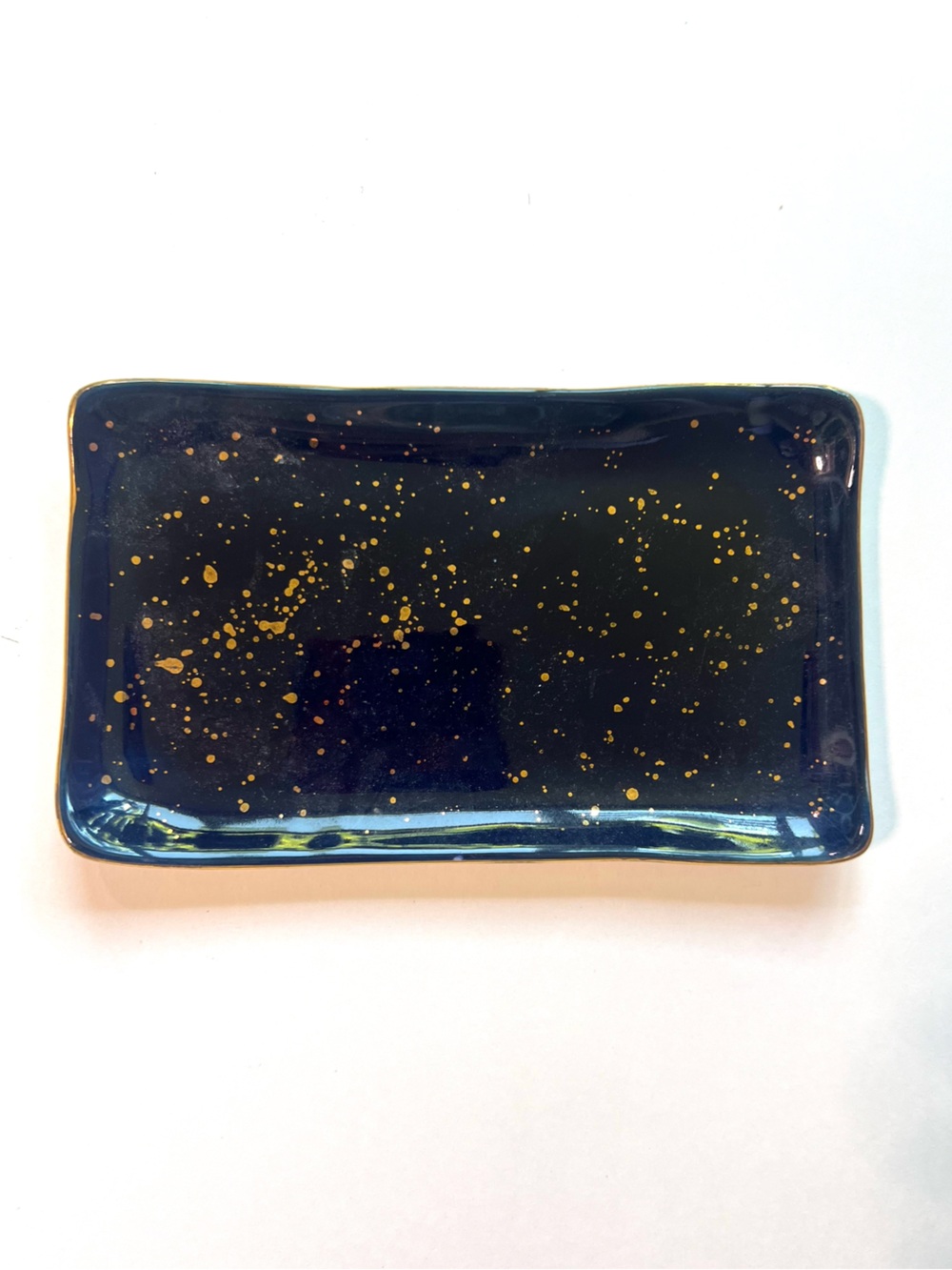 Anthropologie Navy Blue trinket jewelry ceramic Tray with Gold Speckle